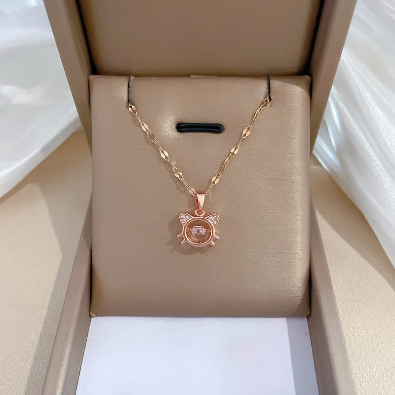 Cute Zircon Kitten Cat Pendant Necklaces for Women Girls Stainless Steel Chain Lovely Collar Accessories Jewelry Gifts