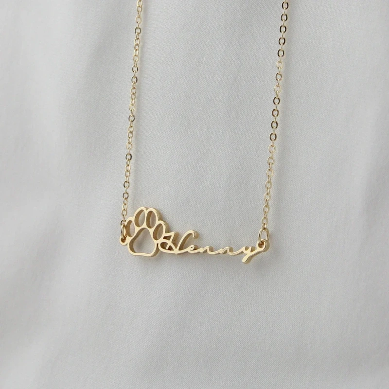 Personalized Name Necklace Dog Paw Necklace Personalized Handwriting  Print Initial Bone Pet Charm Jewelry Gift