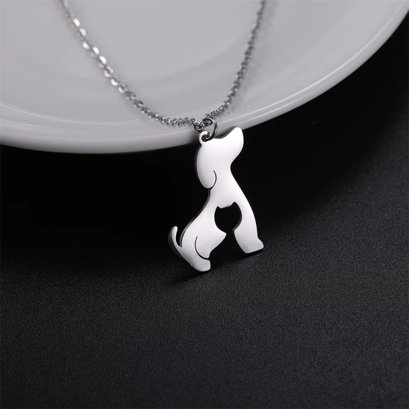Hollow Cat Dog Pendant Necklace Double Layer Chains Choker Cute Animal Kitten Women's Necklace Stainless Steel Jewelry Wholesale