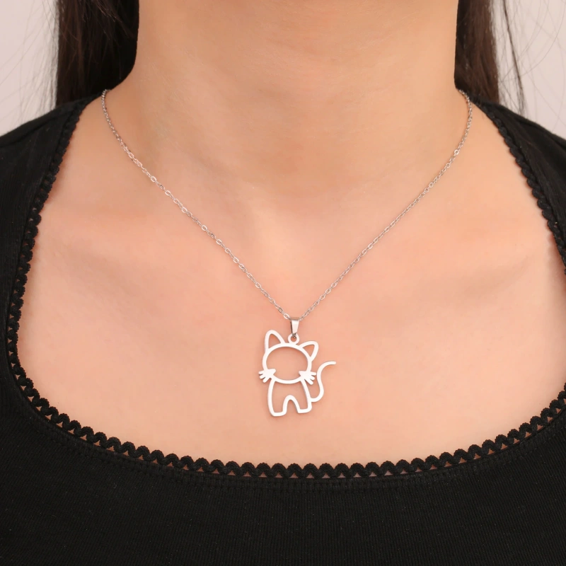 Fishhook Cute Cat Necklace for Men Woman Kid Child Animal Family Chain Hollow Gold Color Stainless Steel Pendant Gift Jewelry