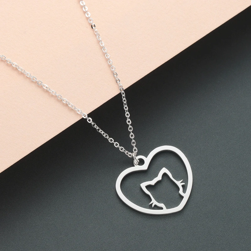 Kinitial Cute Cat Love Heart Pendants & Necklaces Classic Animal Necklace Fashion Gifts for Women Girl Birthday Party Jewelry