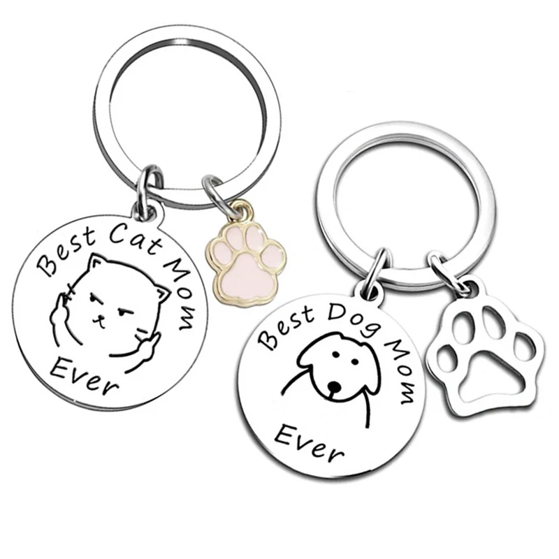 Best Dog/Cat Mom Ever Key Chain Graffiti Stainless Steel Pendant Key Rings Mothers Day Jewelry Cat/Dog Pet Lover Friendship Gift