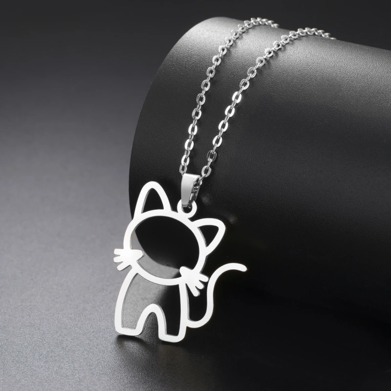 Fishhook Cute Cat Necklace for Men Woman Kid Child Animal Family Chain Hollow Gold Color Stainless Steel Pendant Gift Jewelry