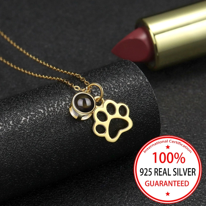 S925 Silvery Custom Color Picture Projection Necklace Simple Dog Paw Pendant For Mom Girlfriend Valentine Birthday Romantic Gift