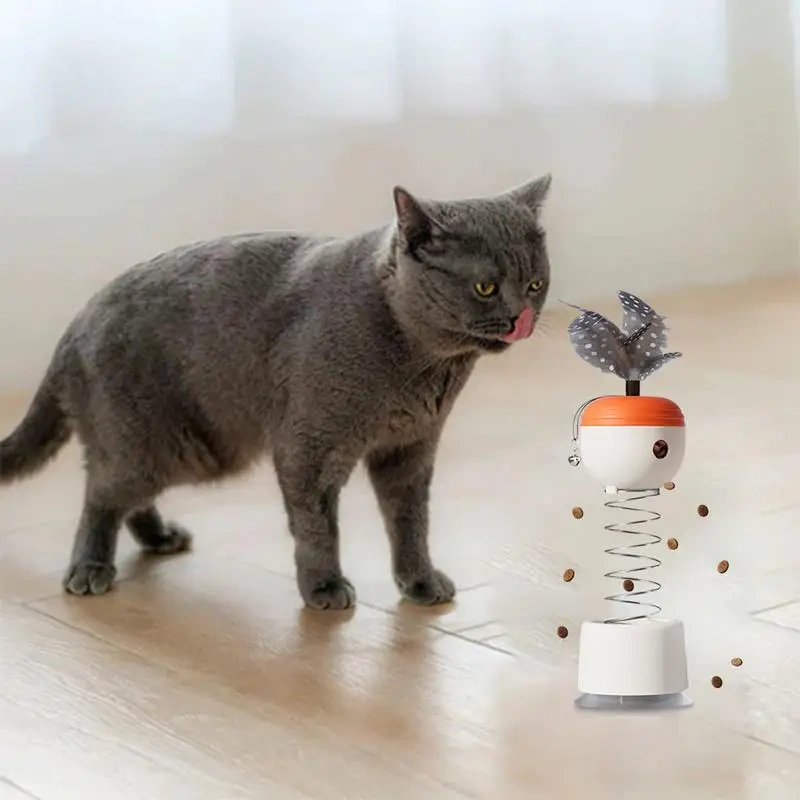 Cat Feeder Feather Toy With Bell Spring-Loaded Automatic Slow Feeder Ball Stable Suction Cup Pet Kitten Slow Feeder Puzzle Toy