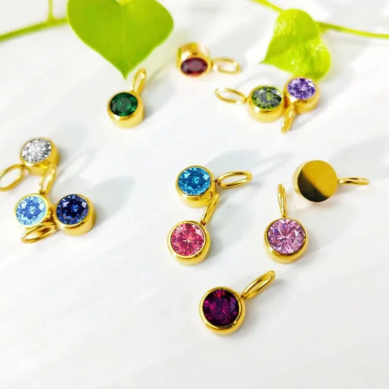CARLIDANA Waterproof 12 Month Crystal Birthstone 14K Gold Plated Stainless Steel 8MM Birthstone Bezel Pendant DIY Charm