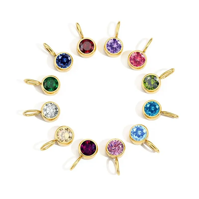 CARLIDANA Waterproof 12 Month Crystal Birthstone 14K Gold Plated Stainless Steel 8MM Birthstone Bezel Pendant DIY Charm