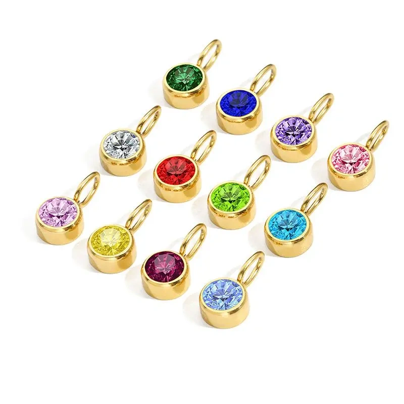 CARLIDANA Waterproof 12 Month Crystal Birthstone 14K Gold Plated Stainless Steel 8MM Birthstone Bezel Pendant DIY Charm