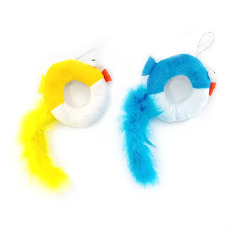 Manufacture Wholesale Lovely Round Fish Shape Plush Spring Cat Toy with Rattle Feather