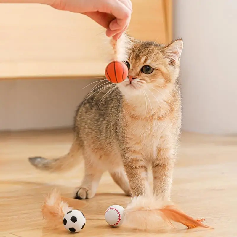 3Pcs Cat Interactive Ball Toys Bouncy Balls with Feather Indoor Cat Game Toy Feather Cat Training Catcher Pet Toy