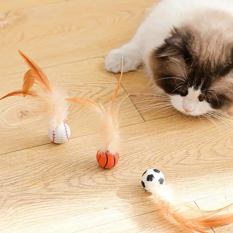 3Pcs Cat Interactive Ball Toys Bouncy Balls with Feather Indoor Cat Game Toy Feather Cat Training Catcher Pet Toy