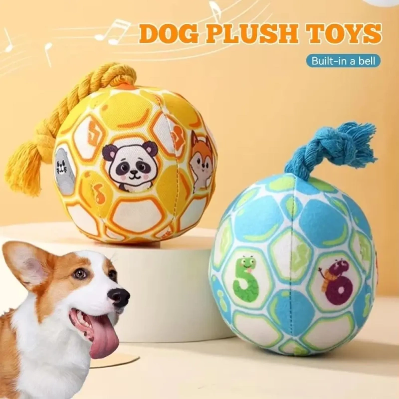 PP Cotton Filling Dog Toy Ball with Rope Knot Interactive Bell Pet Plush Sound Toy Bite Resistant Ringing Doggy Disc Ball Indoor