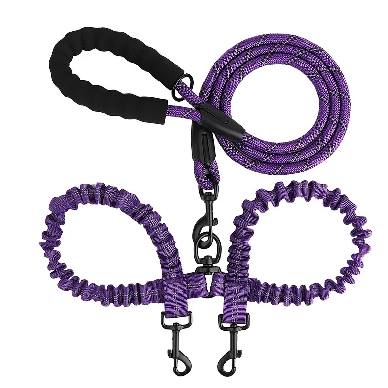 New Double Head Pet Towing Rope One Drag Two Night Reflection Anti winding Elastic Nylon Walking Dog Rope Supplies Accessories
