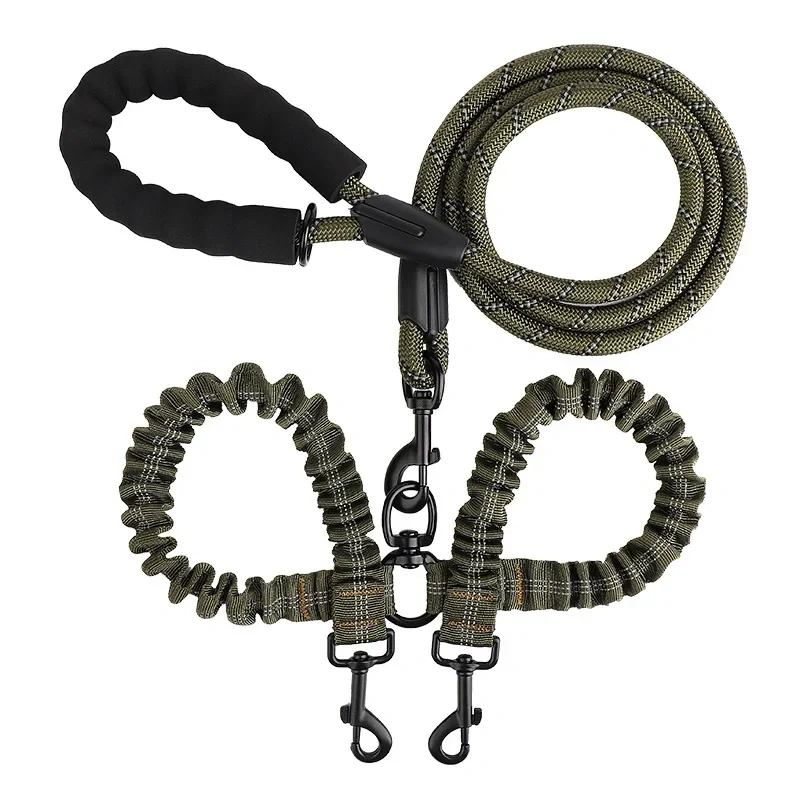 New Double Head Pet Towing Rope One Drag Two Night Reflection Anti winding Elastic Nylon Walking Dog Rope Supplies Accessories