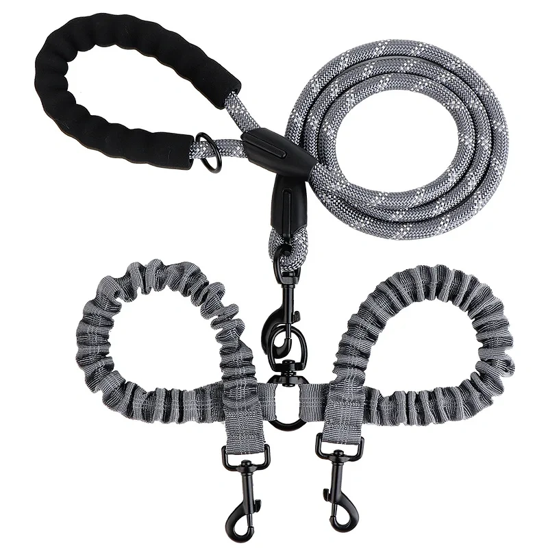 New Double Head Pet Towing Rope One Drag Two Night Reflection Anti winding Elastic Nylon Walking Dog Rope Supplies Accessories
