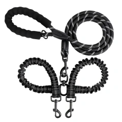 New Double Head Pet Towing Rope One Drag Two Night Reflection Anti winding Elastic Nylon Walking Dog Rope Supplies Accessories