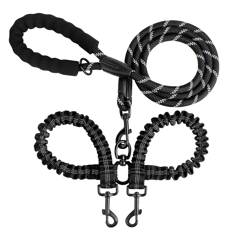 New Double Head Pet Towing Rope One Drag Two Night Reflection Anti winding Elastic Nylon Walking Dog Rope Supplies Accessories