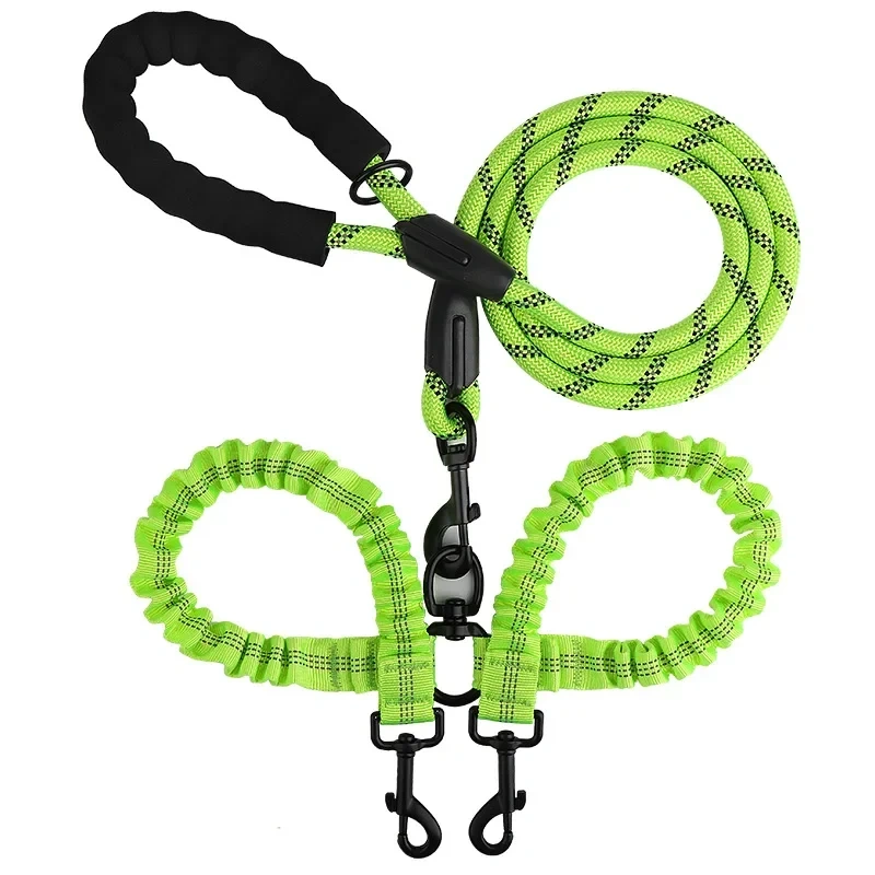 New Double Head Pet Towing Rope One Drag Two Night Reflection Anti winding Elastic Nylon Walking Dog Rope Supplies Accessories