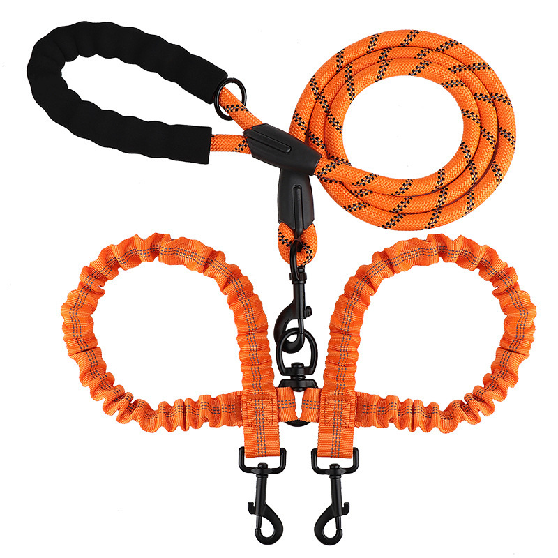 New Double Head Pet Towing Rope One Drag Two Night Reflection Anti winding Elastic Nylon Walking Dog Rope Supplies Accessories