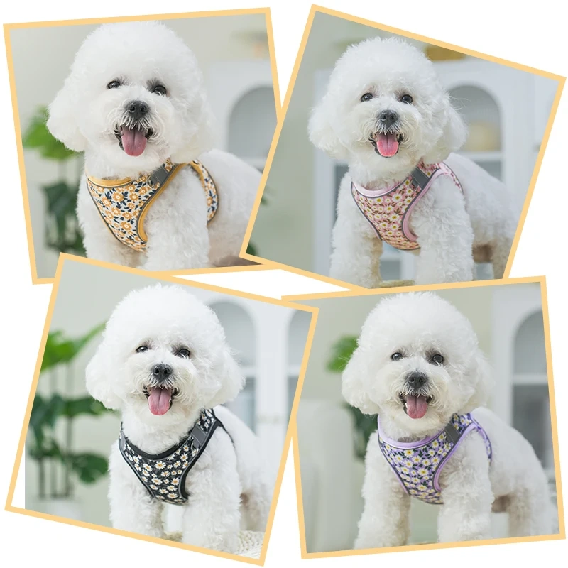 Personalized Logo Small Pet Harness Cute Daisy Printing Polyester Webbing Puppy Dog Harness