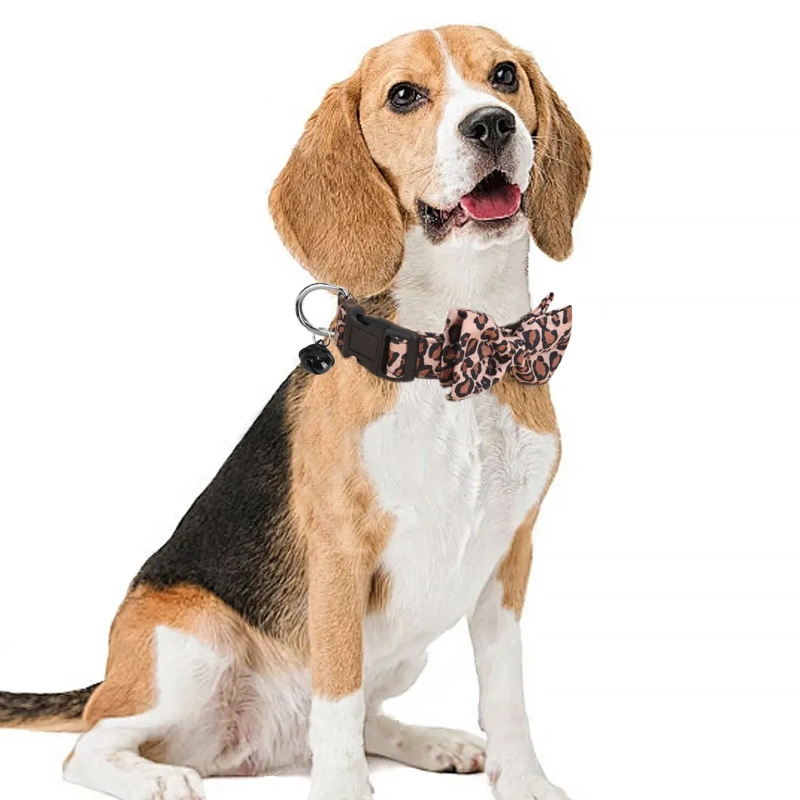 CP571--Leopard print twill fabric pet dog collar with small black bell and removable bow tie.
