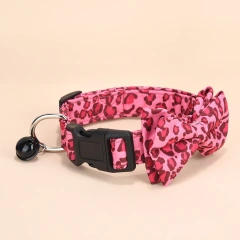 CP571--Leopard print twill fabric pet dog collar with small black bell and removable bow tie.
