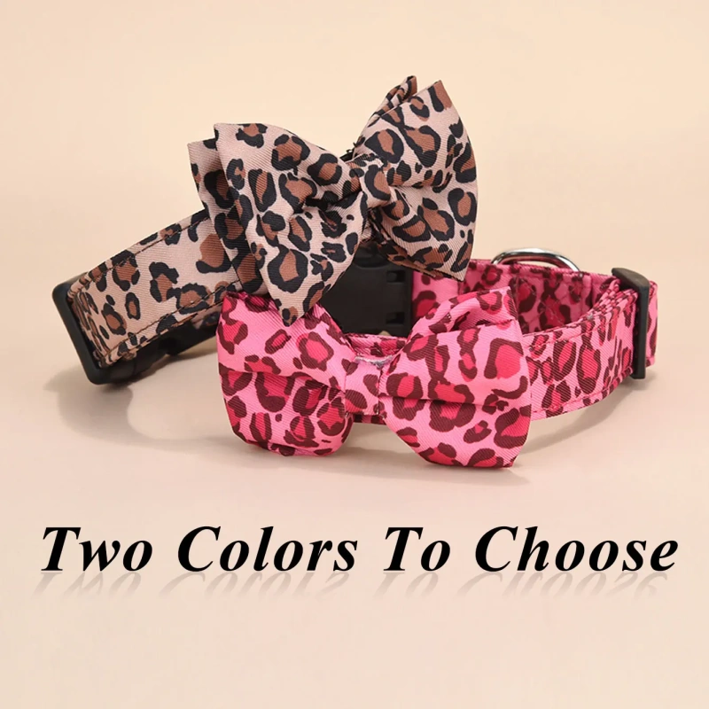 CP571--Leopard print twill fabric pet dog collar with small black bell and removable bow tie.