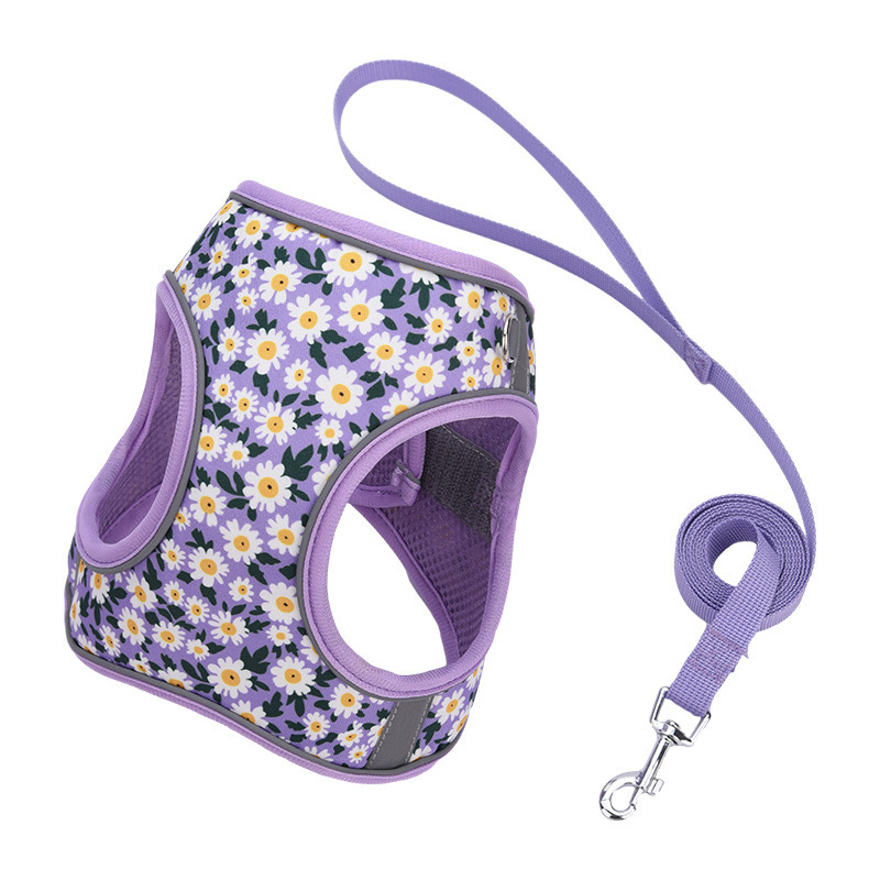 Personalized Logo Small Pet Harness Cute Daisy Printing Polyester Webbing Puppy Dog Harness