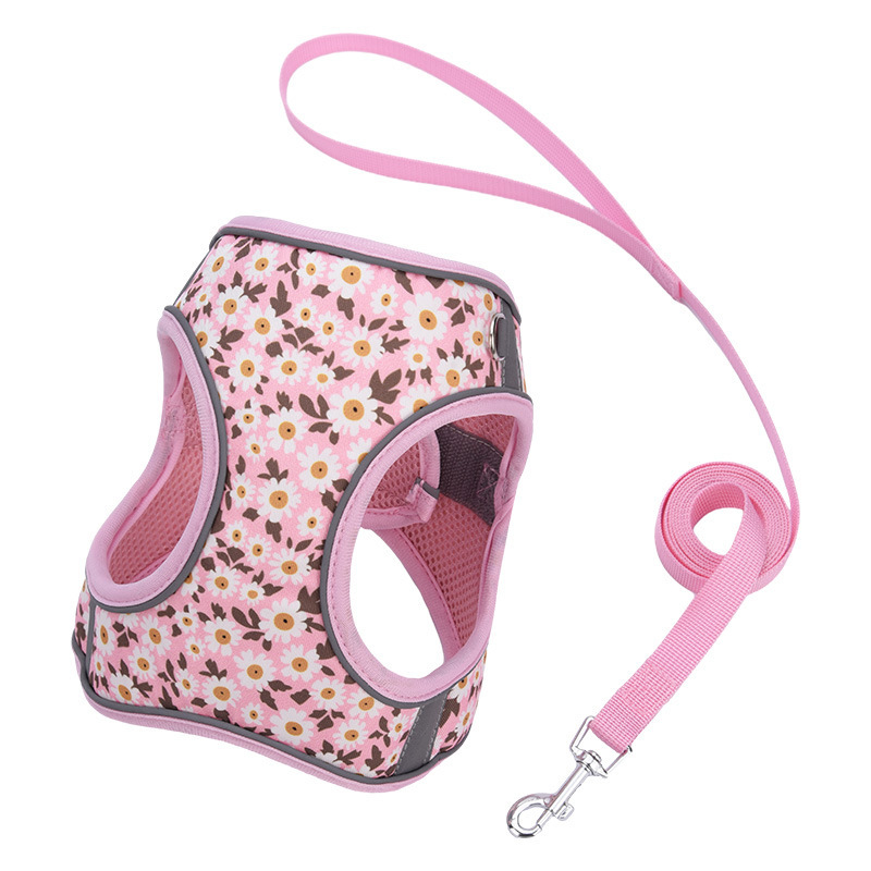Personalized Logo Small Pet Harness Cute Daisy Printing Polyester Webbing Puppy Dog Harness