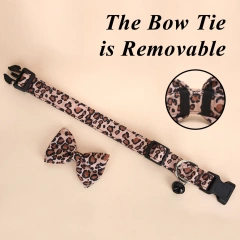 CP571--Leopard print twill fabric pet dog collar with small black bell and removable bow tie.