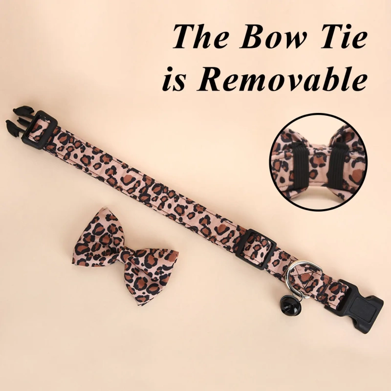CP571--Leopard print twill fabric pet dog collar with small black bell and removable bow tie.