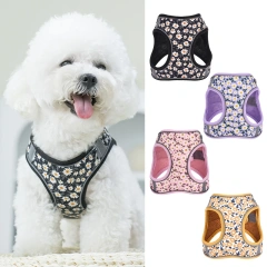 Personalized Logo Small Pet Harness Cute Daisy Printing Polyester Webbing Puppy Dog Harness