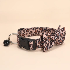 CP571--Leopard print twill fabric pet dog collar with small black bell and removable bow tie.