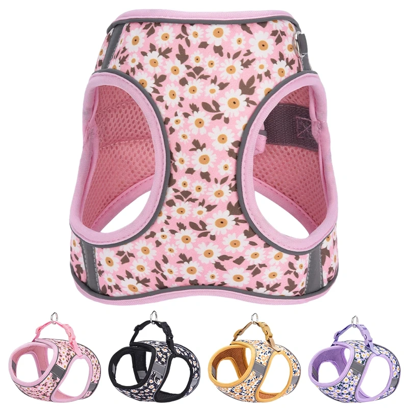 Personalized Logo Small Pet Harness Cute Daisy Printing Polyester Webbing Puppy Dog Harness