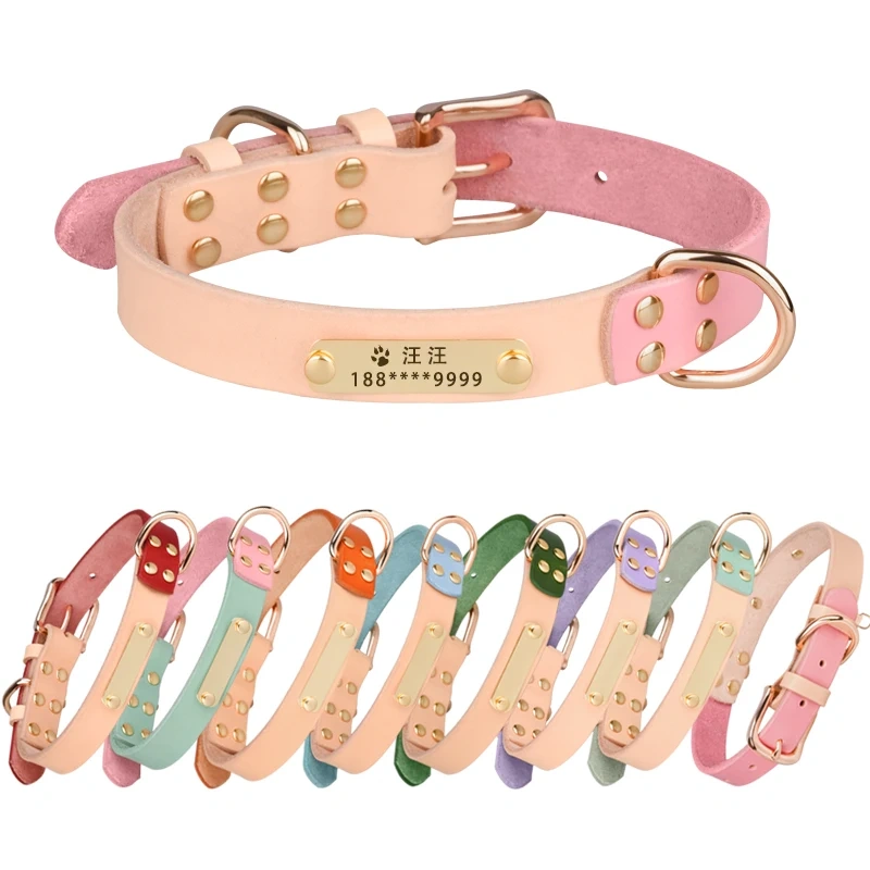 Berry Personalized Adjustable Hot Sales Durable Color Blocking Strong Genuine Leather Pet Dog Collar