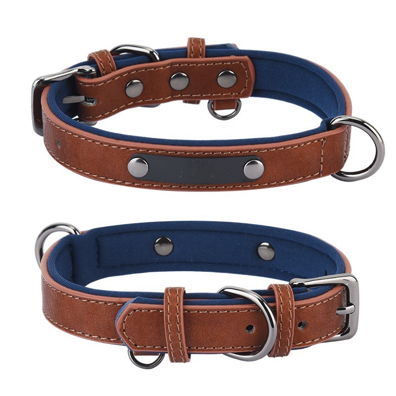 PU Leather Anti-Lost Engraved Dog Collar Breathable Diving Cloth Lined Medium Large Dogs Tactical Style Ribbon Training