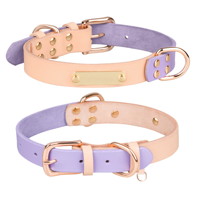 Berry Personalized Adjustable Hot Sales Durable Color Blocking Strong Genuine Leather Pet Dog Collar