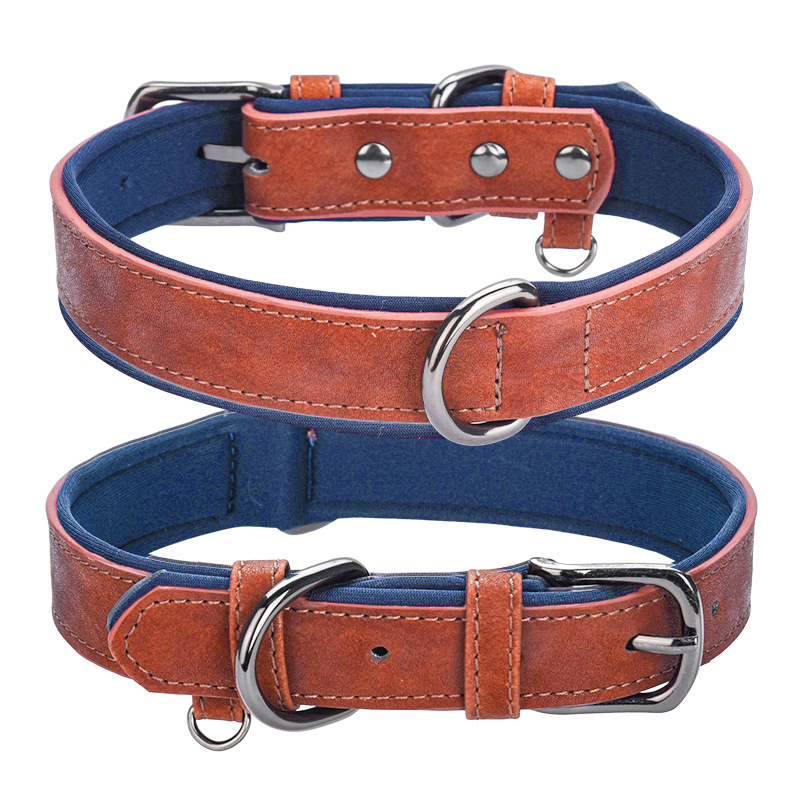 PU Leather Anti-Lost Engraved Dog Collar Breathable Diving Cloth Lined Medium Large Dogs Tactical Style Ribbon Training