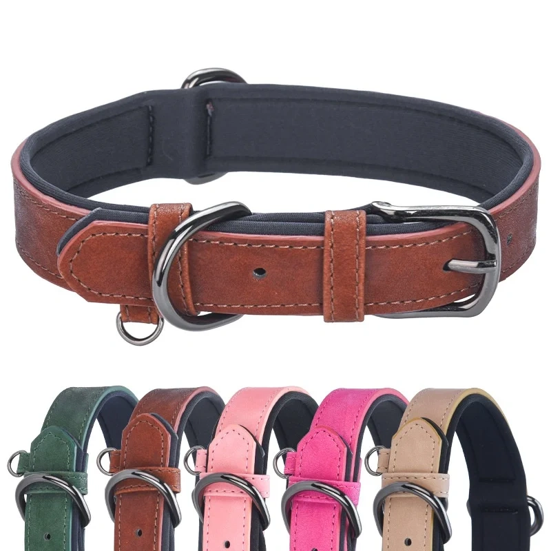 PU Leather Anti-Lost Engraved Dog Collar Breathable Diving Cloth Lined Medium Large Dogs Tactical Style Ribbon Training