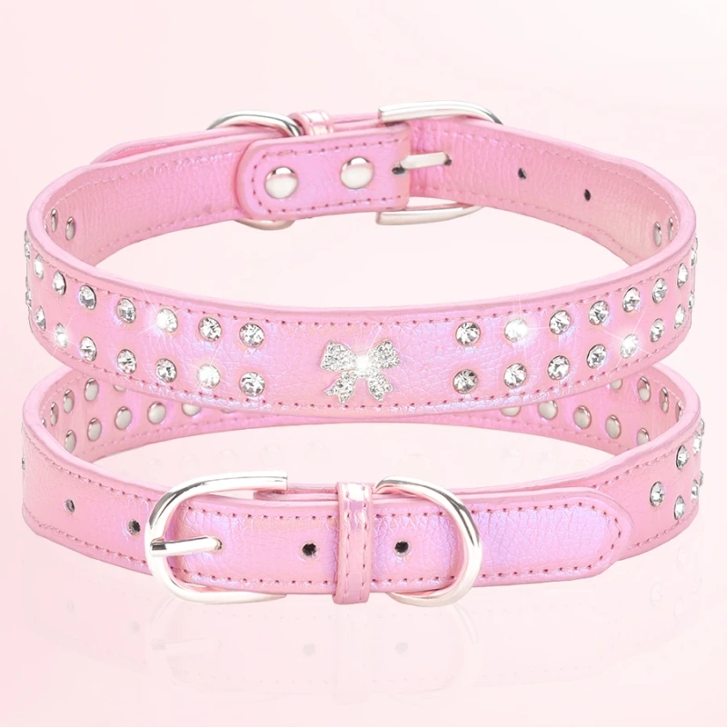 CP615--durable pu pet dog collar,shiny rhinestone decoration collar for small to medium dogs.