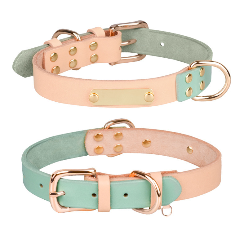 Berry Personalized Adjustable Hot Sales Durable Color Blocking Strong Genuine Leather Pet Dog Collar