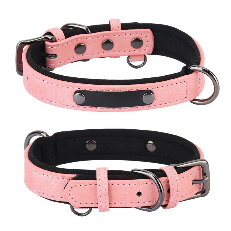 PU Leather Anti-Lost Engraved Dog Collar Breathable Diving Cloth Lined Medium Large Dogs Tactical Style Ribbon Training