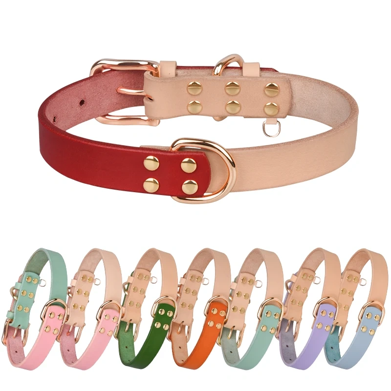 Berry Personalized Adjustable Hot Sales Durable Color Blocking Strong Genuine Leather Pet Dog Collar