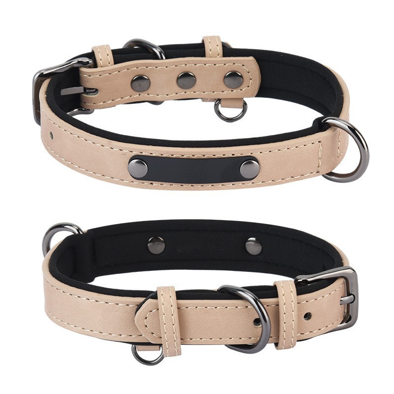PU Leather Anti-Lost Engraved Dog Collar Breathable Diving Cloth Lined Medium Large Dogs Tactical Style Ribbon Training