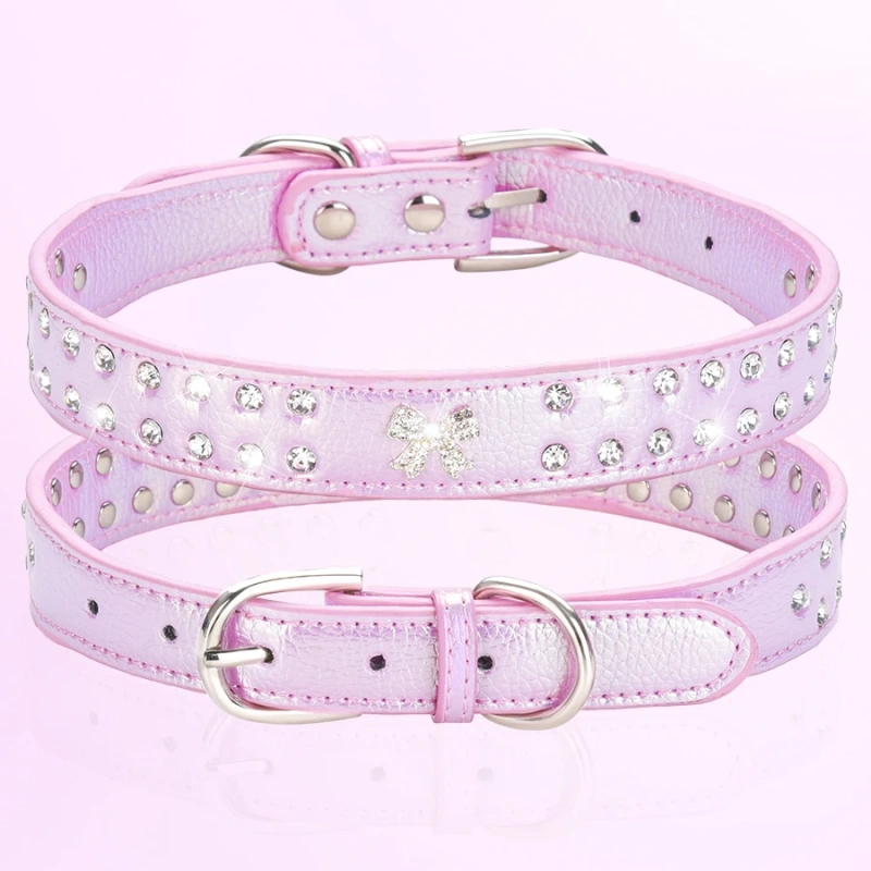 CP615--durable pu pet dog collar,shiny rhinestone decoration collar for small to medium dogs.