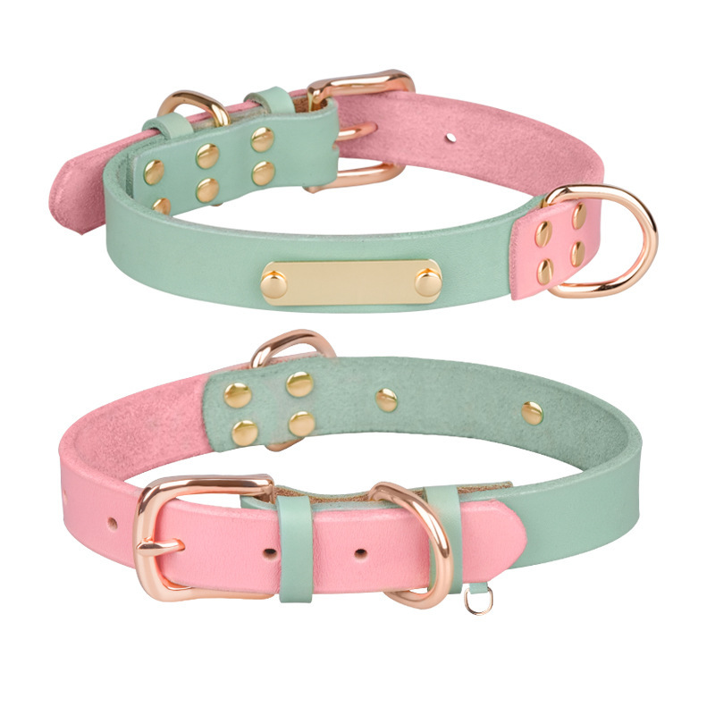 Berry Personalized Adjustable Hot Sales Durable Color Blocking Strong Genuine Leather Pet Dog Collar