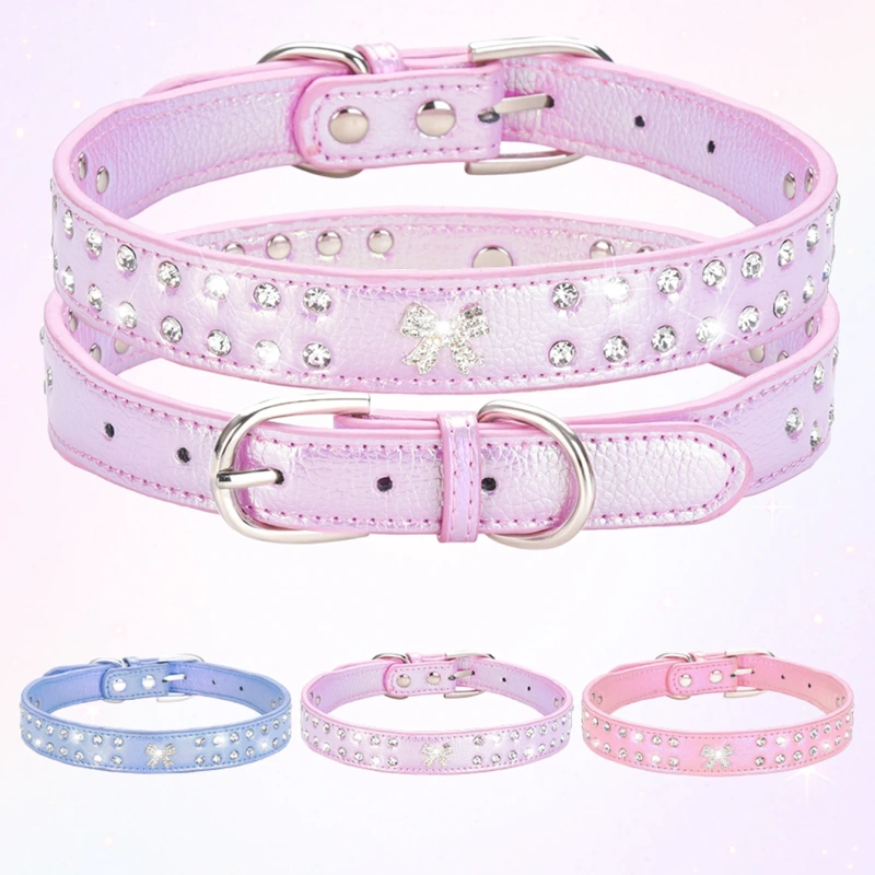 CP615--durable pu pet dog collar,shiny rhinestone decoration collar for small to medium dogs.
