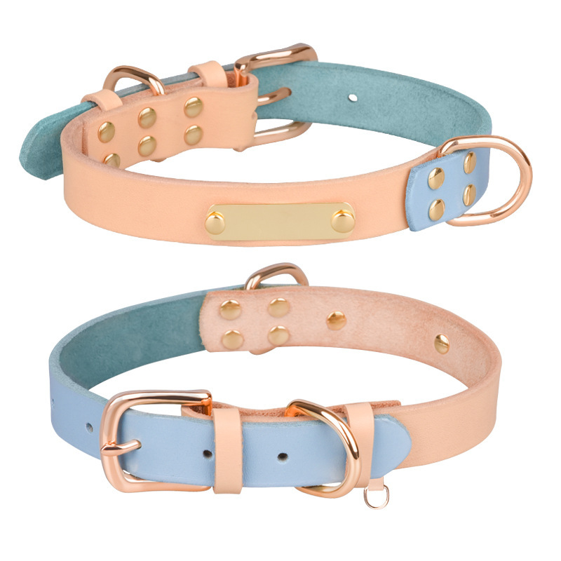 Berry Personalized Adjustable Hot Sales Durable Color Blocking Strong Genuine Leather Pet Dog Collar