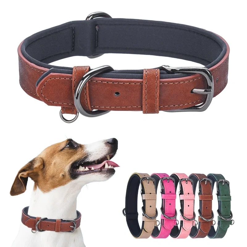 PU Leather Anti-Lost Engraved Dog Collar Breathable Diving Cloth Lined Medium Large Dogs Tactical Style Ribbon Training