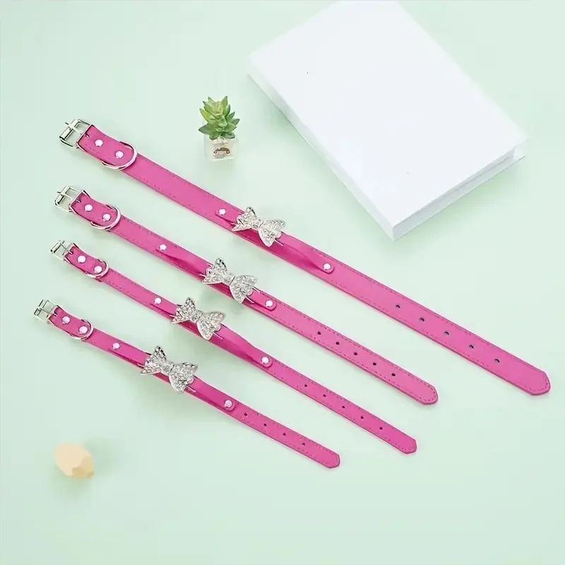 Cat Puppy Bling Collar Rhinestone Bow Tie Adjustable PU Leather Pet Dog Collar